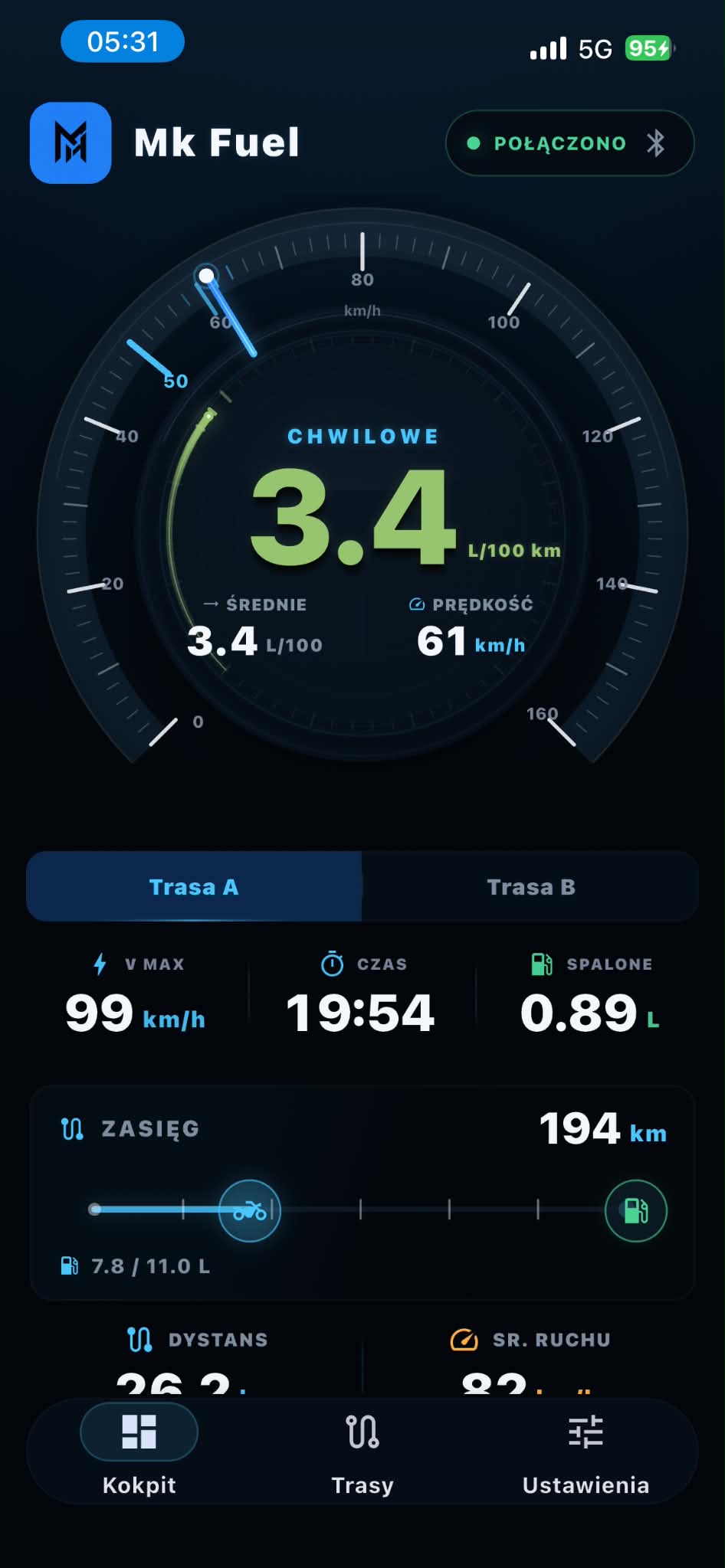Ekran spalania i zasięgu w aplikacji MK Fuel