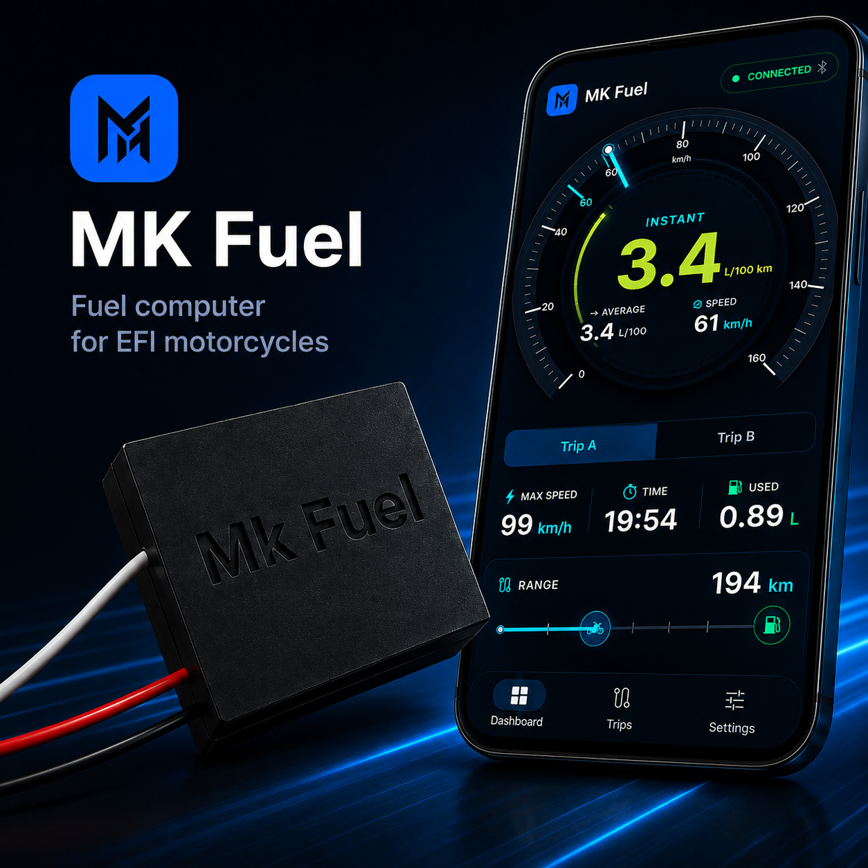 Moduł MK Fuel z trzema przewodami obok aplikacji mobilnej